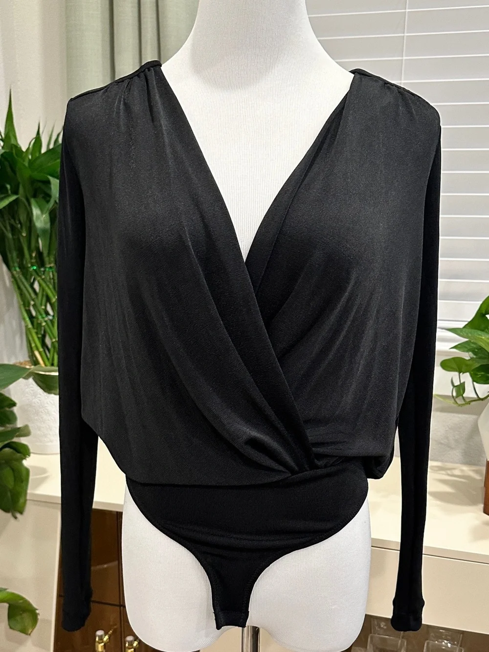 Free People Black Long-Sleeve Surplice Bodysuit